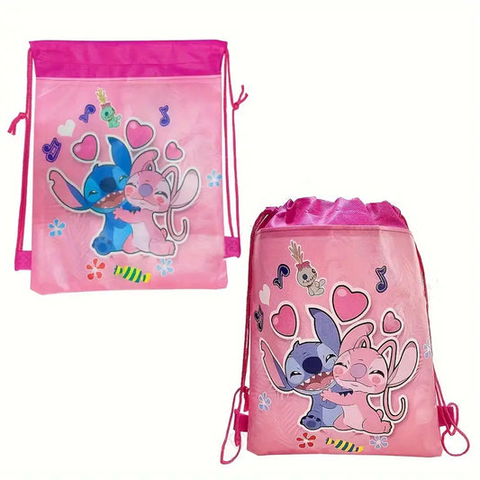 Stitch and Angel Waterproof Drawstring Bag (Pink)